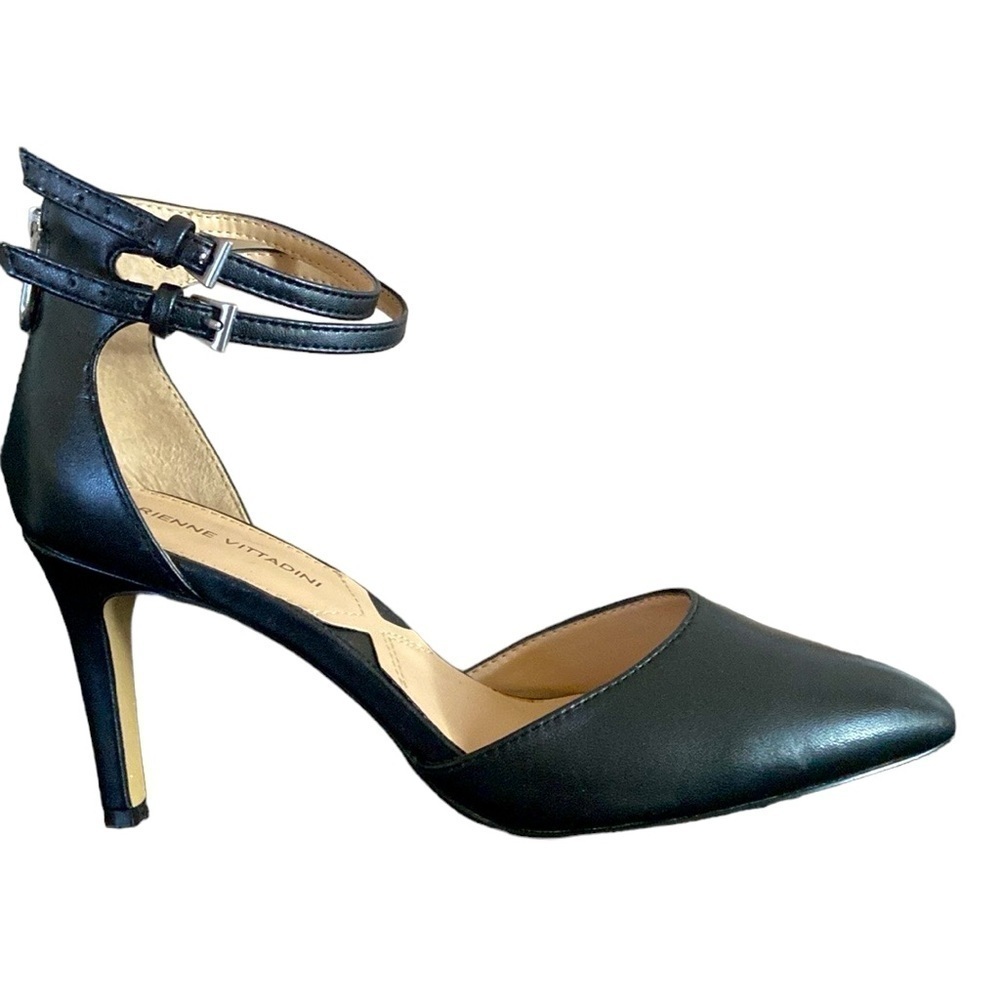 Adrienne Vittadini Black Leather Pointy Toe Double Ankle Strap Heel Shoes 7.5M